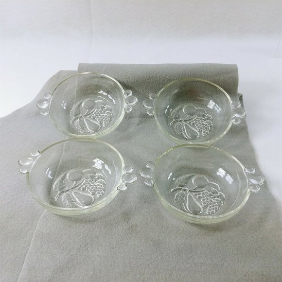 Dessert Bowls Glass Fruit Design on Bottom Bubble Handles Set of 4 - Picture 8 of 8